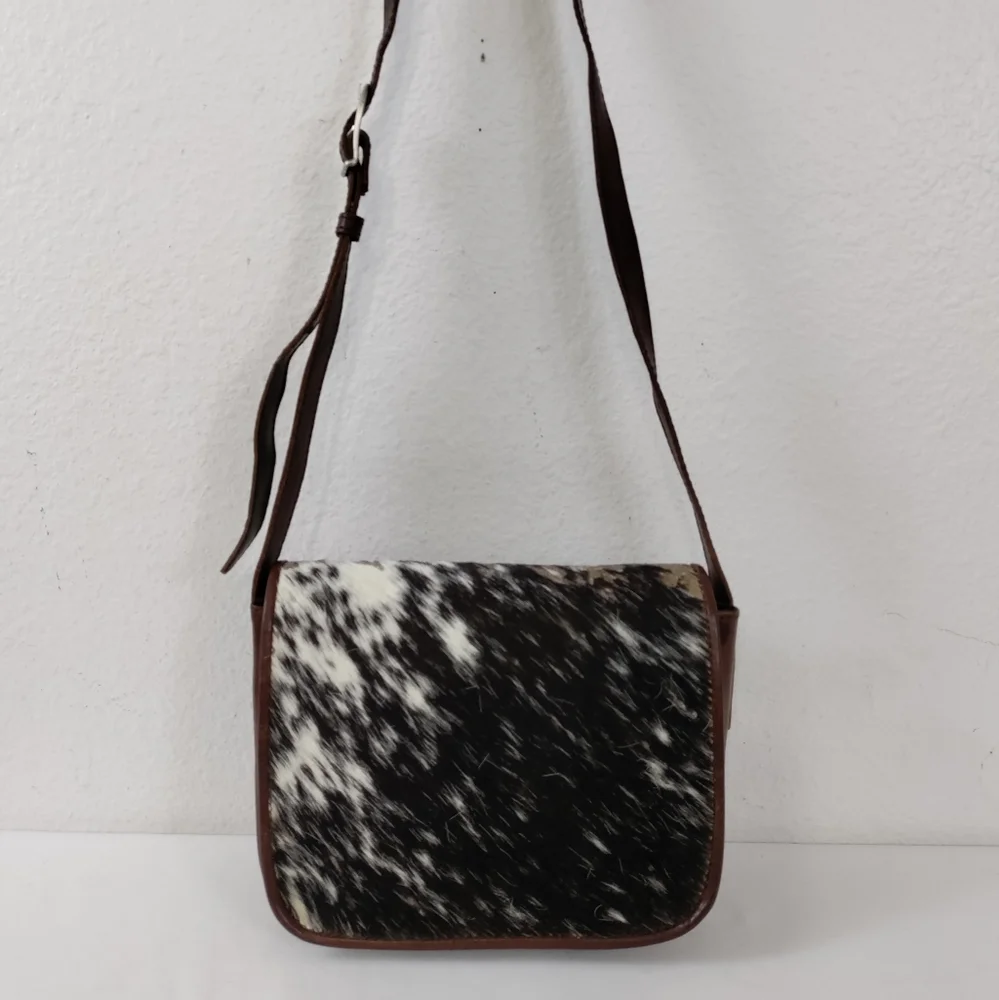 Leaders In Leather Vntg Tooled Leather Pony Hair Flap Messenger Crossbody Bag